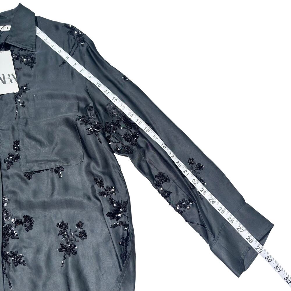 Zara | Women | Emerald Green Satin Floral Sequin LS Button Up Blouse | Small - Picture 7 of 16